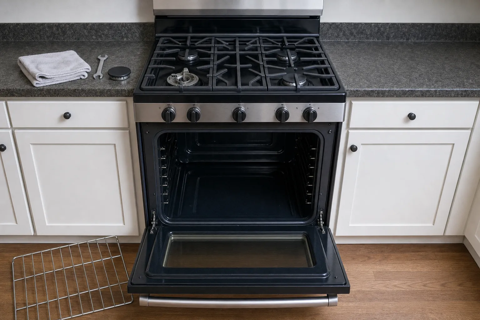 Black and stainless gas range, oven door lowered and racks out, wrench and towel on the counter