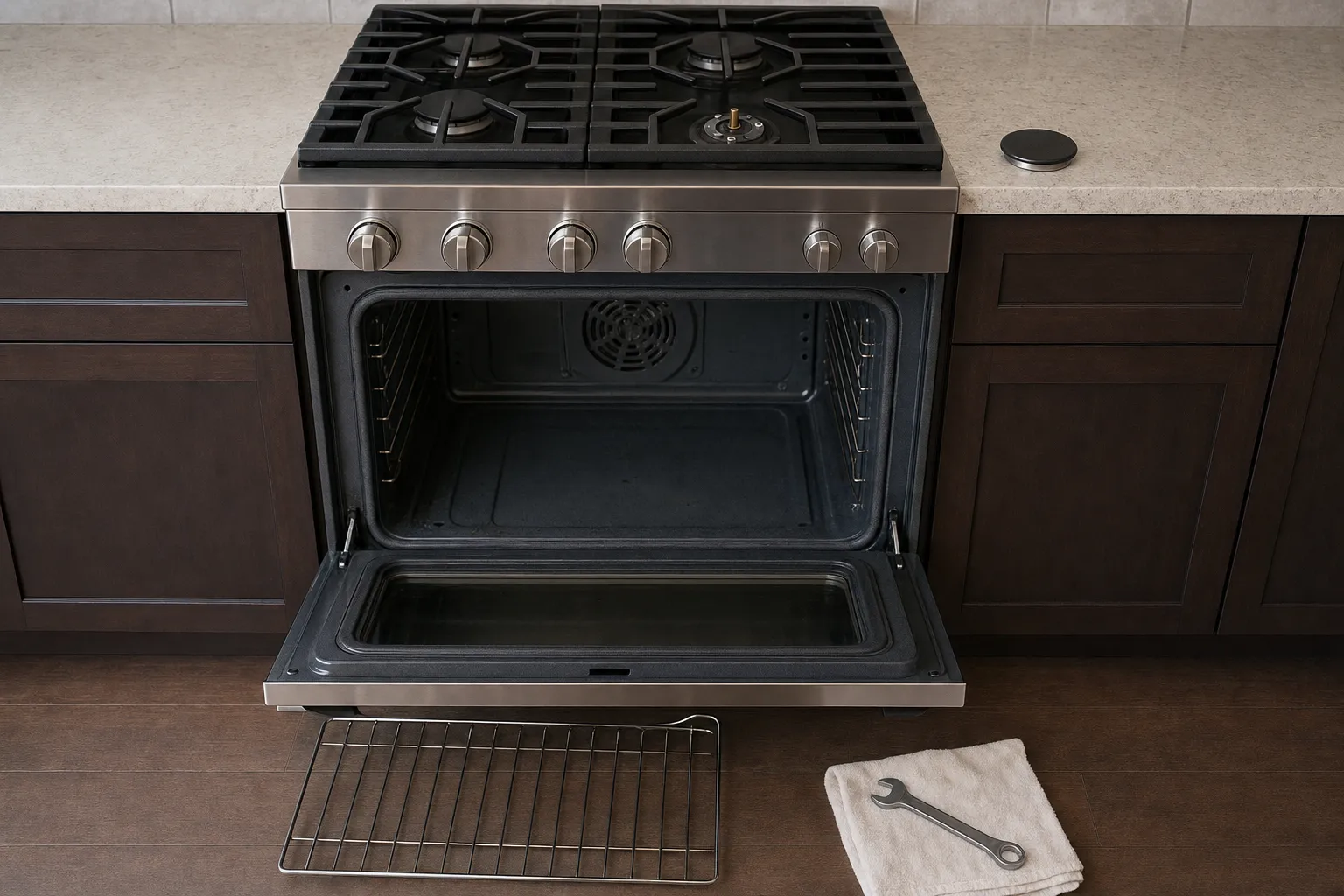 Freestanding stainless gas range with the oven door lowered, oven rack and wrench set out on the floor