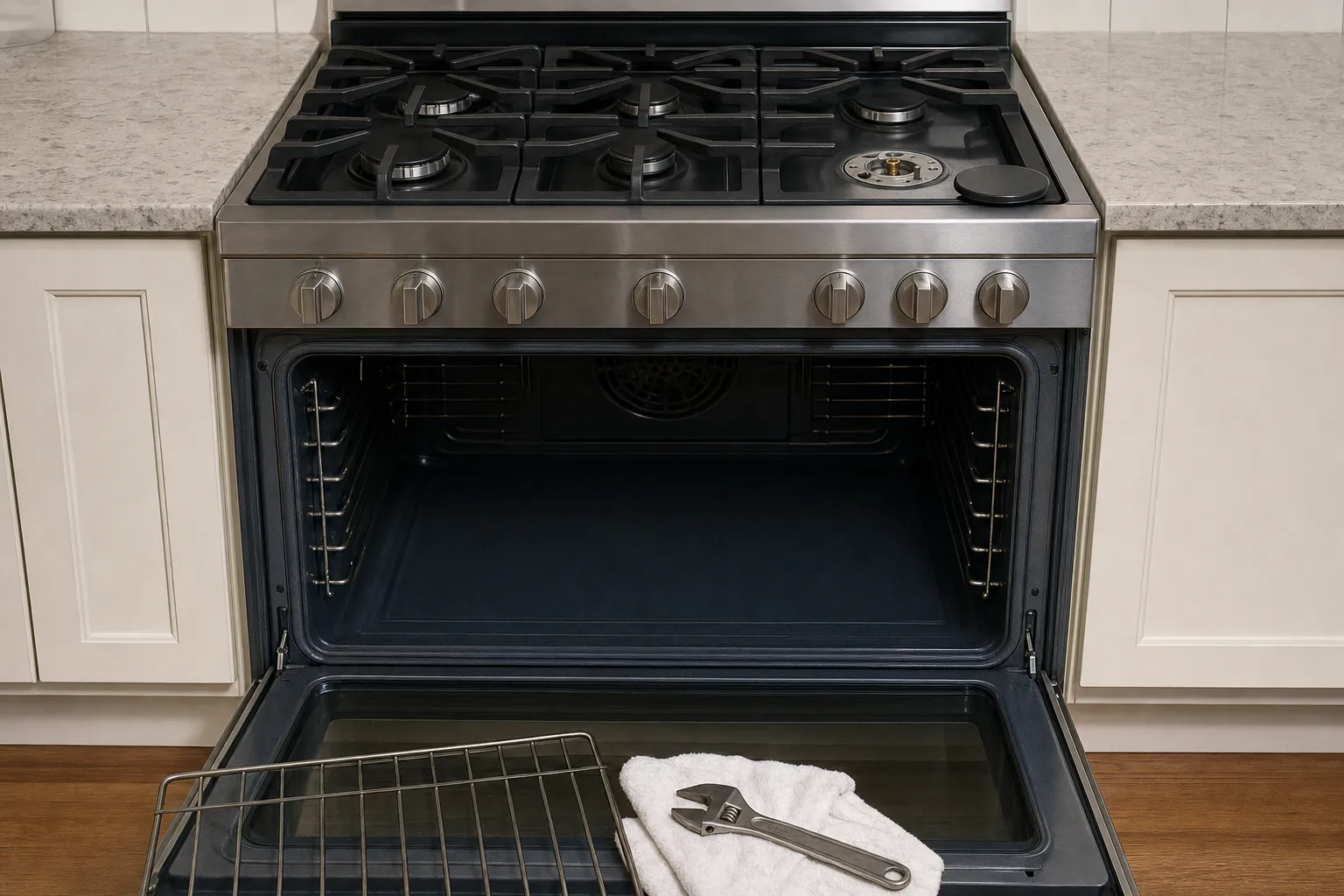 Wide stainless gas range with its oven door open, a rack and adjustable wrench on a towel on the door