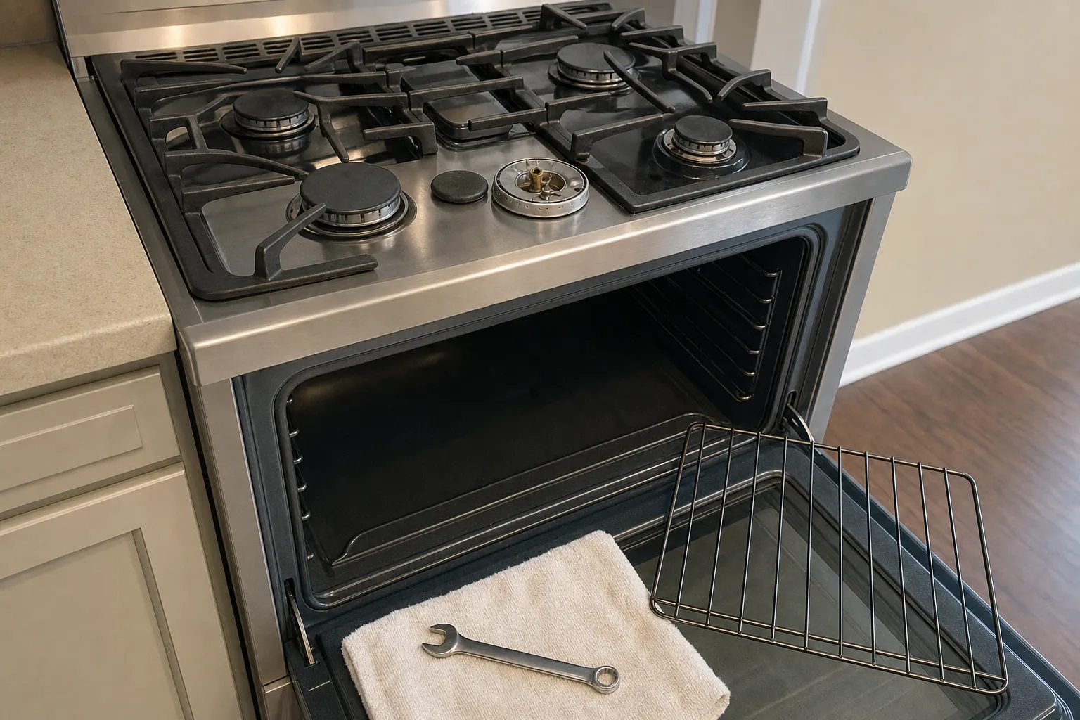 Gas cooktop close up, cast iron grates and one sealed burner stripped down to its brass orifice